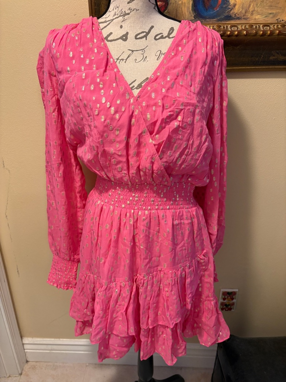 🌴Lilly Pulitzer Aura Pink Christiana Metallic Dot Chiffon overlay lined Dress